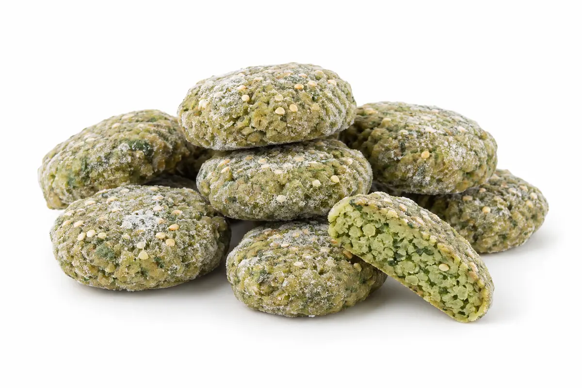 Frozen Egyptian fava bean falafel patties with light frost