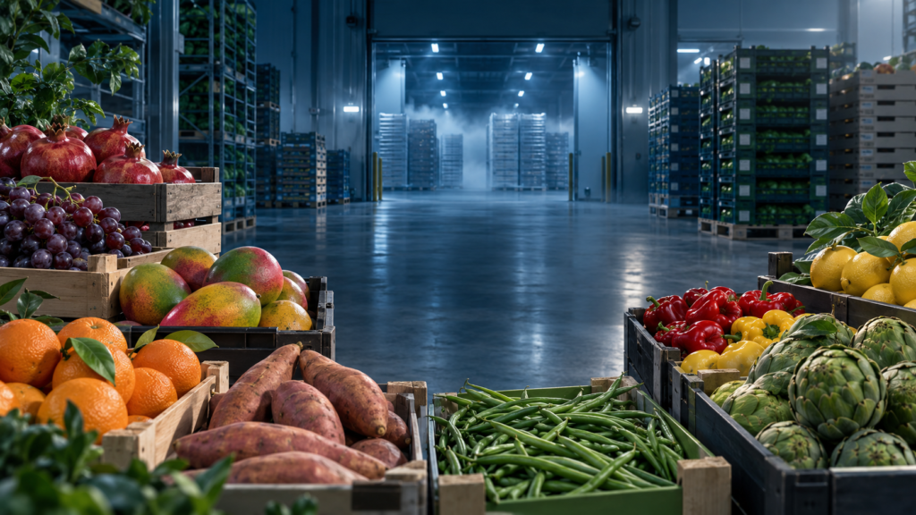 Fresh fruits and vegetables in a modern refrigerated food logistics facility